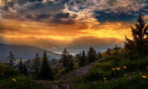 瑞士，山，自然，景观，晚上