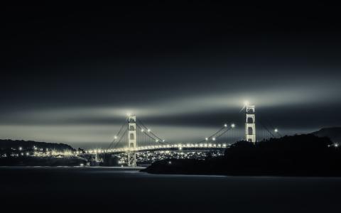 旧金山，旧金山湾桥，加州，城市，桥，灯，晚上，天空