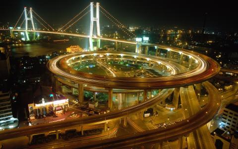 城市，中国，灯，桥，上海，路，晚上