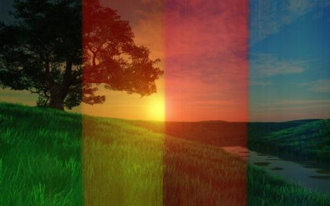 频谱，颜色，彩虹的颜色，彩虹，水，日落，太阳，树，草，元素