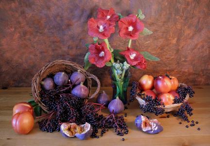 水果，无花果，油桃，浆果，鲜花，冬葵，花瓶，静物