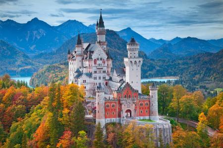 新天鹅堡，城堡，山，德国，秋天，美女