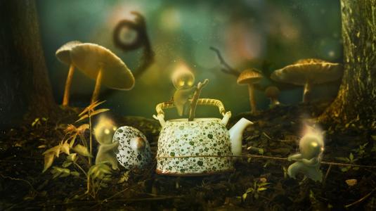 蘑菇，草，人类，散景，树干，树木，图形，3D，水壶
