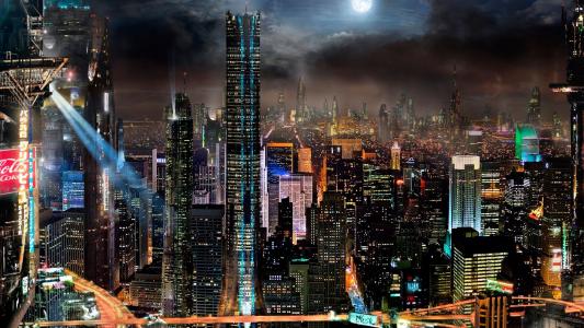 夜晚的城市，摩天大楼，广告，聚光灯，全景