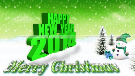 新的一年，2014年，圣诞树，雪人，圣诞快乐