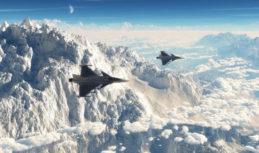 飞机，战机，飞行，速度，景观，山脉，云彩，月亮