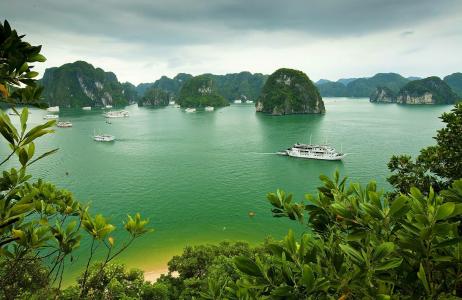 自然，越南，美丽，山，岩石，船舶，游客，天空，阴，度假村，休息，热带地区
