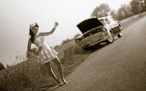 女孩，新娘，构成，复古，自动，美丽，汽车，道路，树木