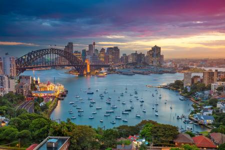 悉尼，城市，澳大利亚，悉尼，海湾，海港大桥，桥梁，海港大桥，暮光之城，小船，房子，房子
