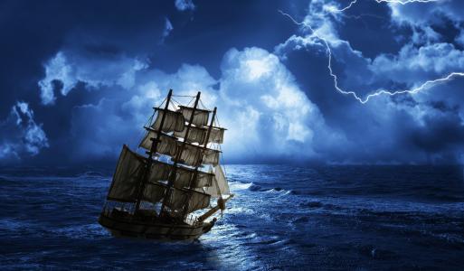 景观，性质，夜晚，海，鬼船，云，雷，鬼船，令人毛骨悚然