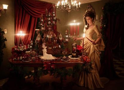 圣诞装饰品，女孩，表，城堡，蜡烛，内政