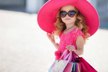 女孩，孩子，时尚，裙子，眼镜，帽子，袋，购物