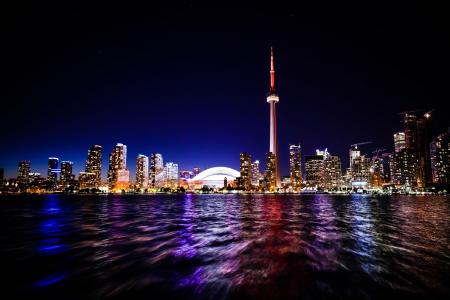 城市，灯光，晚上，河，加拿大，多伦多，摩天大楼