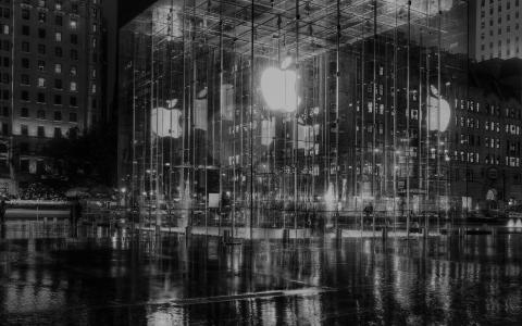 下雨，苹果，商店，纽约，在，晚上，黑暗