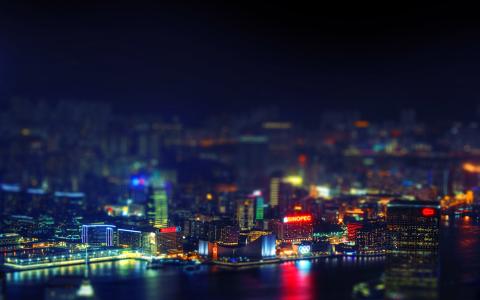 香港，晚上，城市景观，灯光