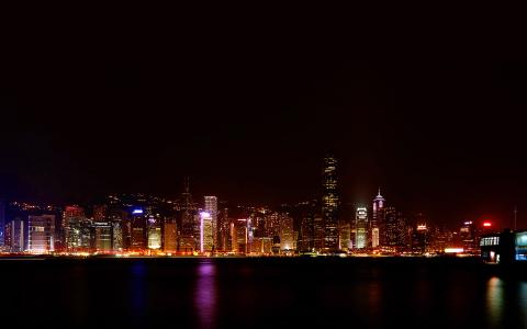 香港，天际线，城市，黑暗，艺术