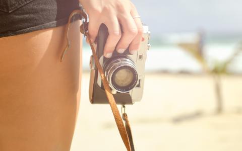 海滩，相机，手，度假，避暑