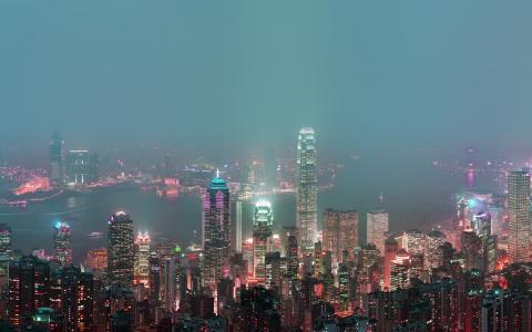 天际线，香港，消防，城市，晚上就住