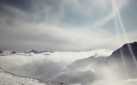 雪，滑雪，冬季，玩，山，阳光，背景虚化