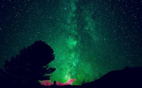 极光，夜，天空，明星，空间，自然，绿色