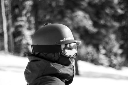 人，人，头盔，齿轮，滑雪，滑翔，雪，冬天，寒冷，天气，树，叶子，黑色和白色，单色