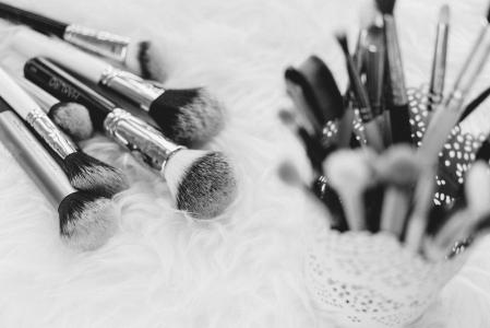 化妆，画笔，东西，工具包，美容，化妆品，模糊，黑色和白色