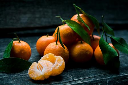 橙色，水果，健康，食品，维生素，绿色，叶，木，表