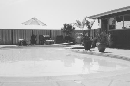 游泳池，后院，雨伞，庭院，植物，后院，房子，黑色和白色