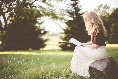 人，女孩，一个人，坐，岩石，阅读，书，圣经，性质，绿色，树，草，散景