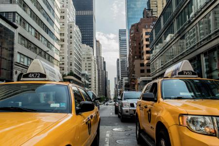 黄色，出租车，街道，道路，交通，纽约，城市，建筑物，汽车