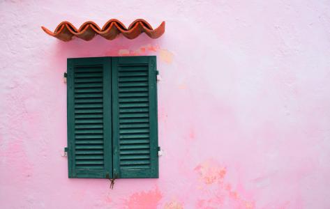 窗口，粉红色，屋顶，简单，艺术，木，墙上