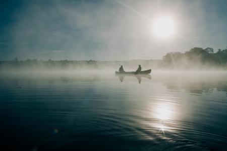 船，湖，水，独木舟，划船，人，钓鱼，渔夫，日出，黎明，雾，雾，自然，户外