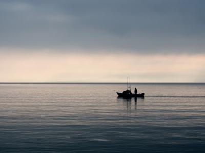 钓鱼，渔夫，小船，早晨，湖，水，天空，黎明
