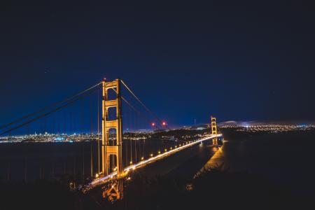 金门大桥，旧金山，建筑，海湾，水，夜，黑暗，天空，灯