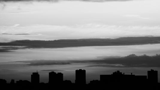 黑色和白色，单色，自然，景观，云，天空，空中，城市，建筑，建立