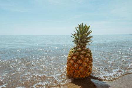 菠萝，甜点，开胃菜，水果，果汁，作物，沙滩，海洋，海，沙，波浪