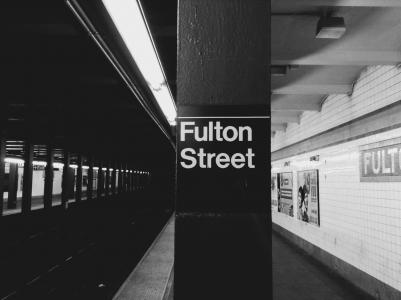 富尔顿街，纽约市，地铁，车站，交通，平台，城市，纽约市，黑色和白色