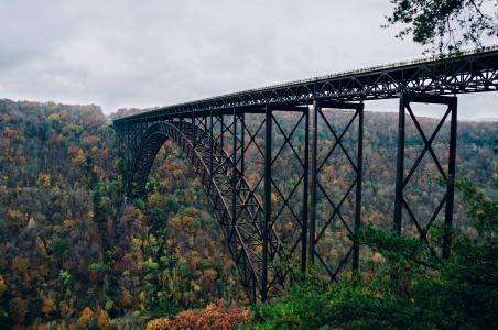 桥，建筑，火车轨道，铁路，铁路，树，秋天，秋，景观，自然，山，丘陵，森林，云，阴天，户外