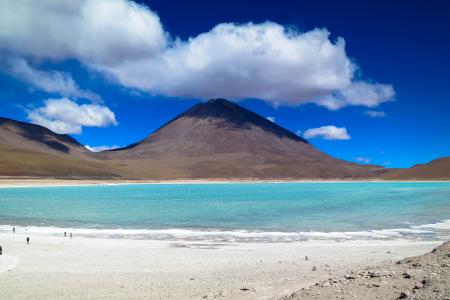 玻利维亚拉古纳Verde，沙，水，山，丘陵，天空，云，自然，景观