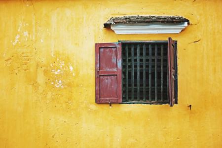 房子，黄色，墙壁，窗口，框架，外面