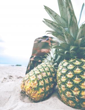 菠萝，甜点，开胃菜，水果，果汁，作物，沙子，海滩，袋子