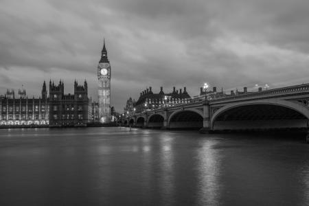 大笨钟，晚上，黑色，白色，伦敦，英格兰，英国，云，桥