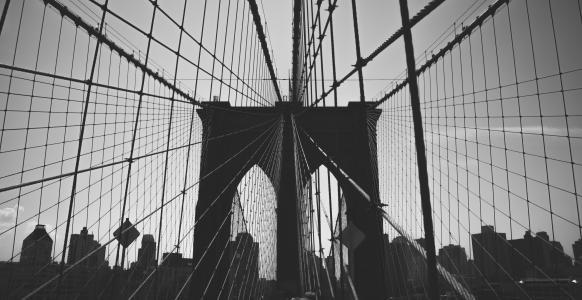布鲁克林大桥，建筑，黑色和白色，天空，城市，城市
