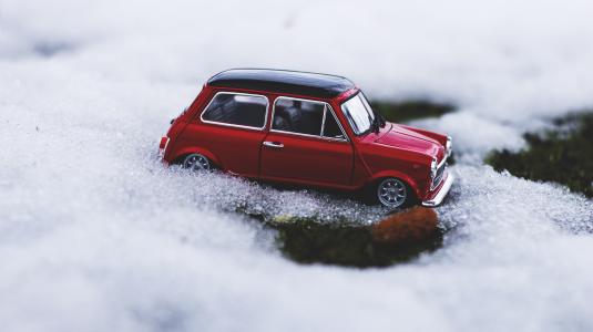 汽车，车辆，运输，旅行，冒险，微型库珀，玩具，微型，白色，雪，冬天