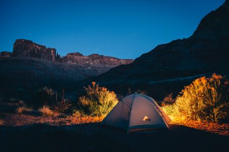 帐篷，露营，自然，户外，晚上，晚上，天空，光，山