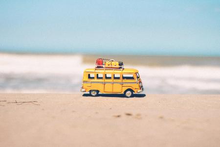 巴士，车辆，玩具，旅行，反思，海滩，地平线