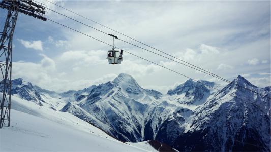 滑雪缆车，单板滑雪，滑雪，雪，冬天，山，峰，天空，云，山