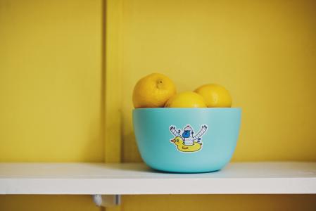 黄色，柠檬，水果，碗，蓝色，表，健康