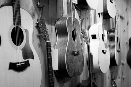 墙壁，显示，黑色和白色，吉他，字符串，商店，音响，音乐，仪器