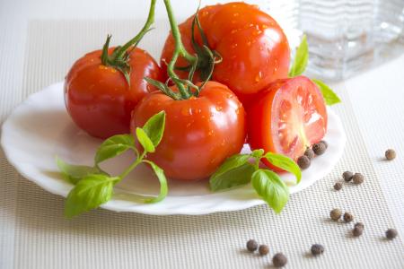 番茄，植物，作物，水果，红色，板，新鲜，叶子，绿色，表，厨房，成分，食品